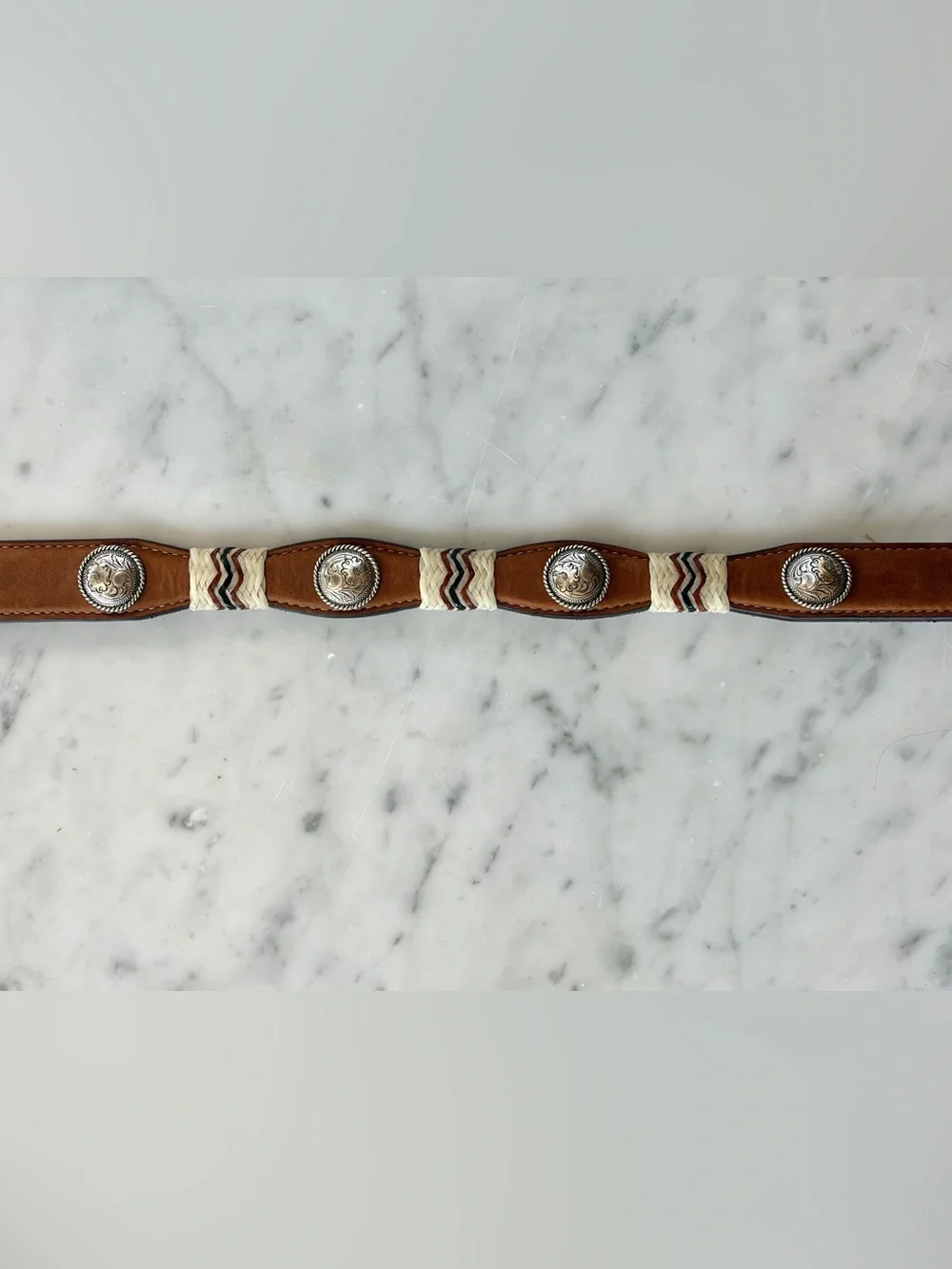 Tony Lama Western/Native American Leather Belt w/Silver Buttons&Buckle, 22”, EUC